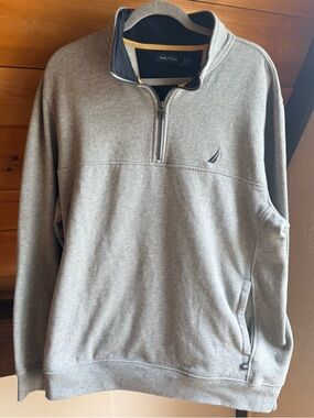 Nautica Men's Gray Quarter-Zip Pullover Sweatshirt EUC XL 100% Cotton Preppy